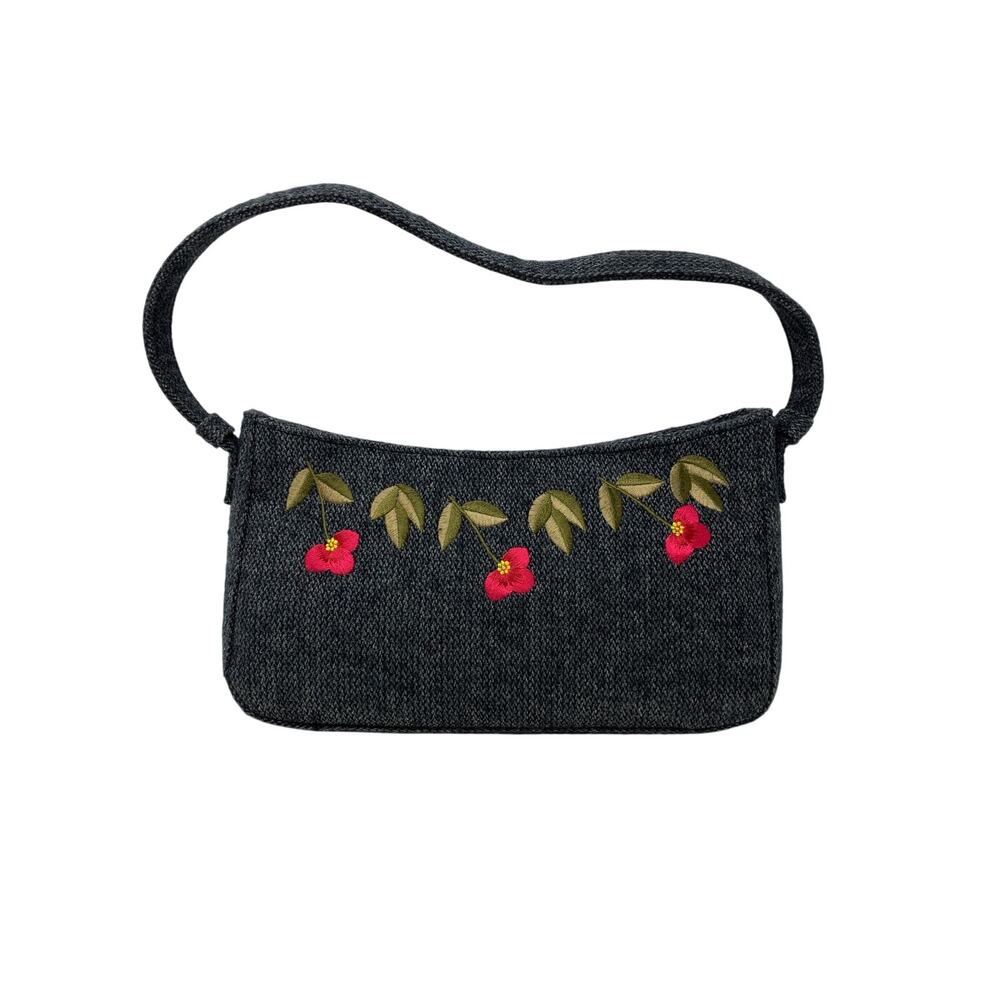 Vintage Y2K Linea Pelle Embroidered Floral Mini Purse Blue Tweed Shoulder Bag